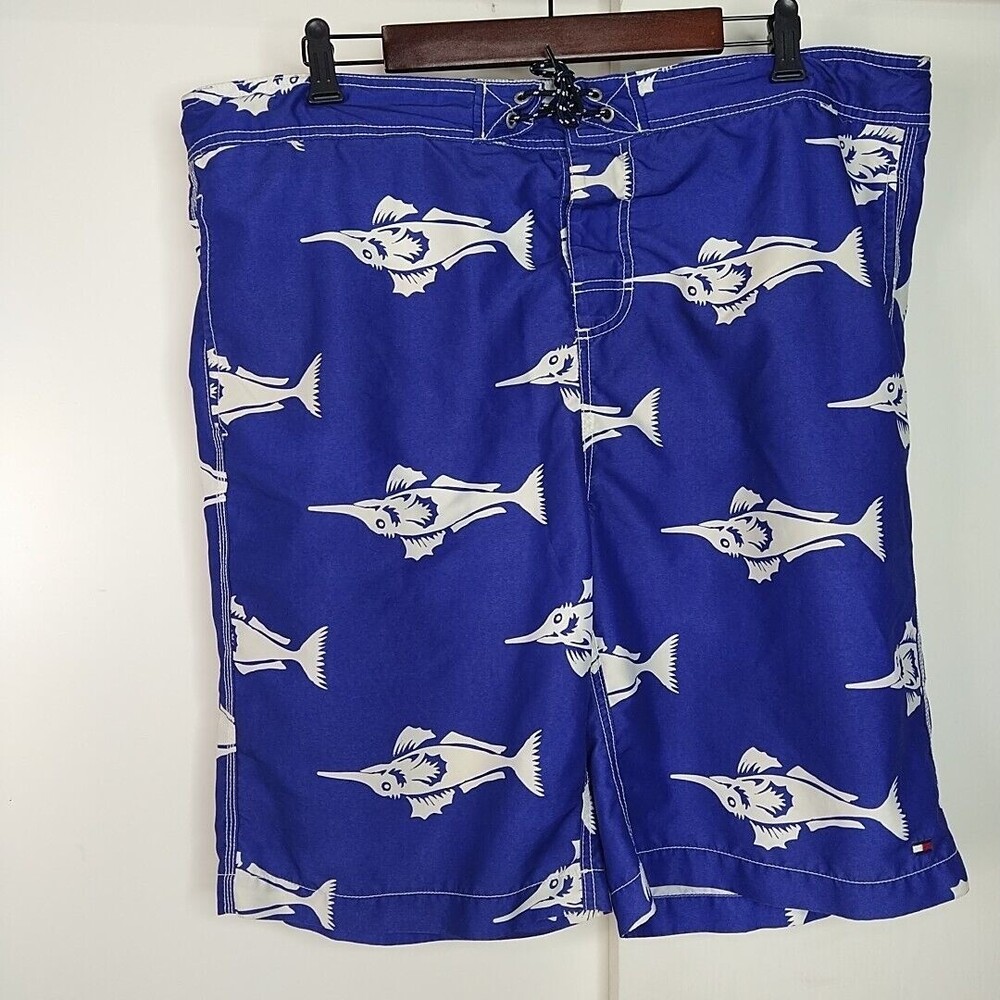 Tommy Hilfiger Sailfish Marlin Swim Trunks Board Shorts Mens Sz XL Blue Hawaiian